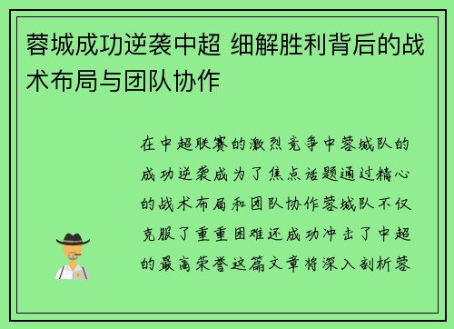蓉城成功逆袭中超 细解胜利背后的战术布局与团队协作 蓉城成功逆袭中超 细解胜利背后的战术布局与团队协作