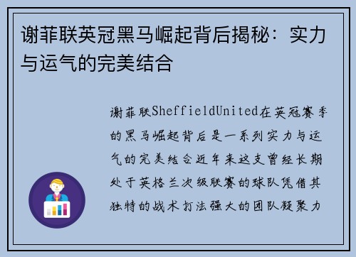 谢菲联英冠黑马崛起背后揭秘：实力与运气的完美结合